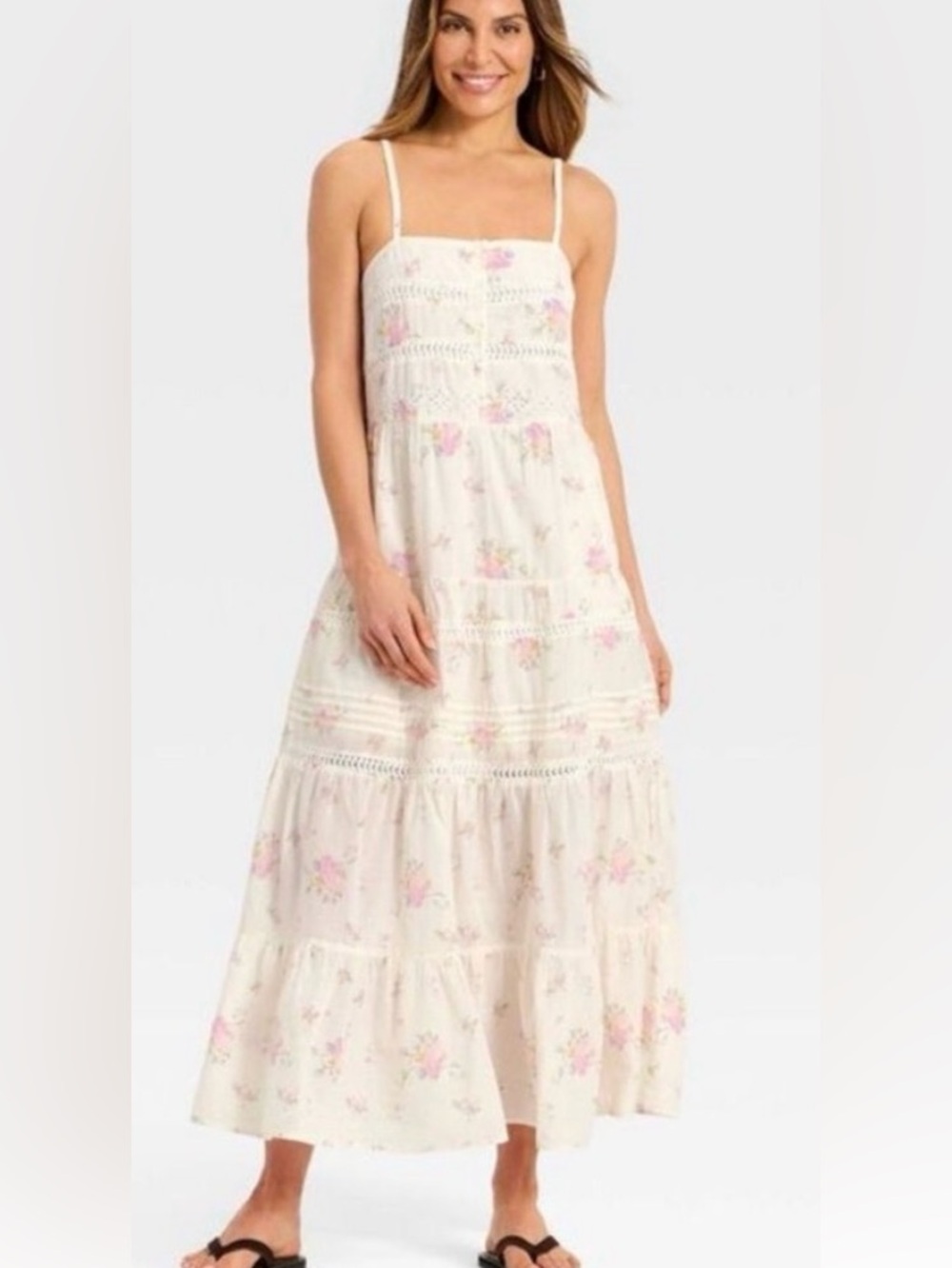 Universal Thread NWT XS (S-M) cream eyelet crochet tiered romantic Maxi dress